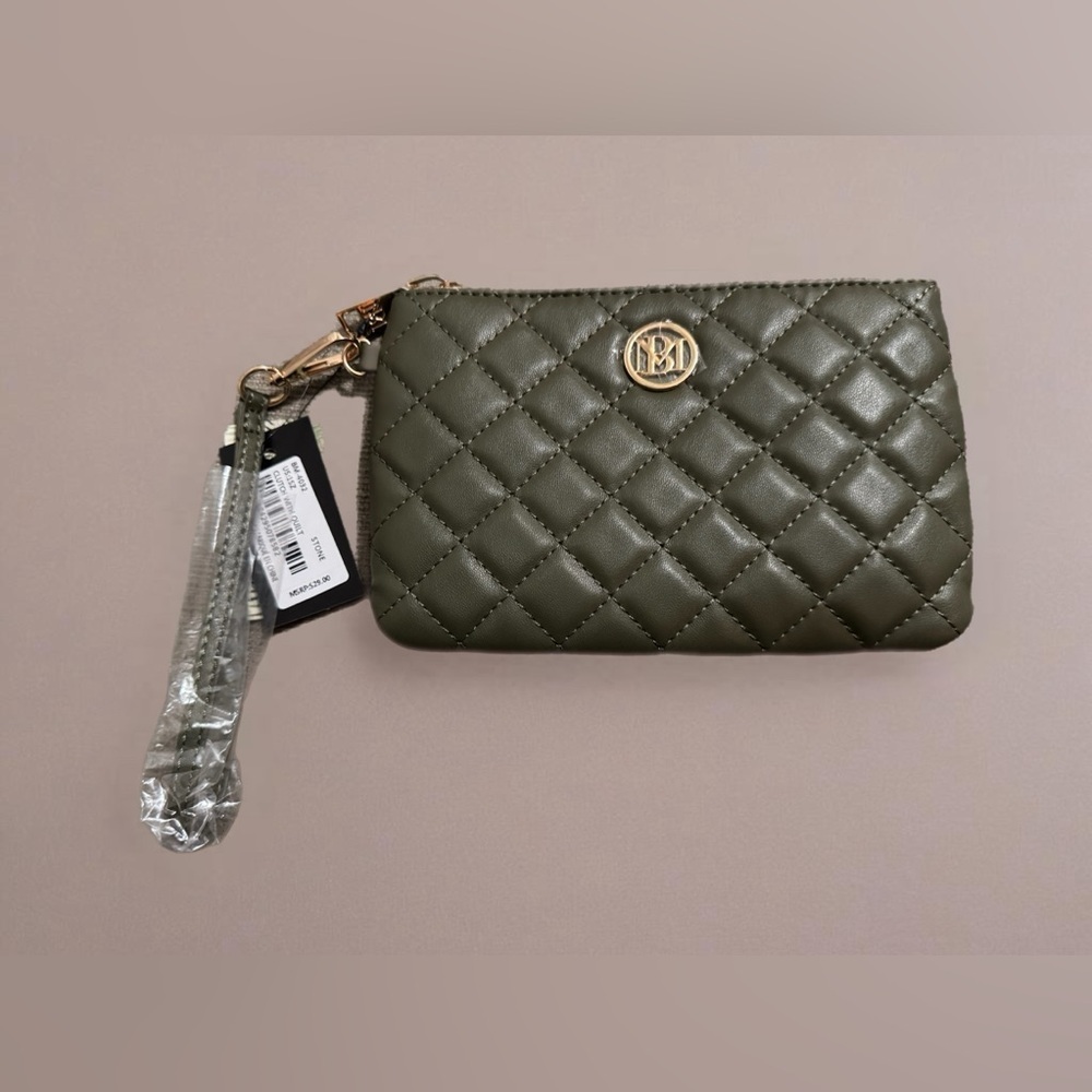Badgley Mischka Vegan Leather Olive Quilted Zipper Clutch Pouch Wristlet NWT
